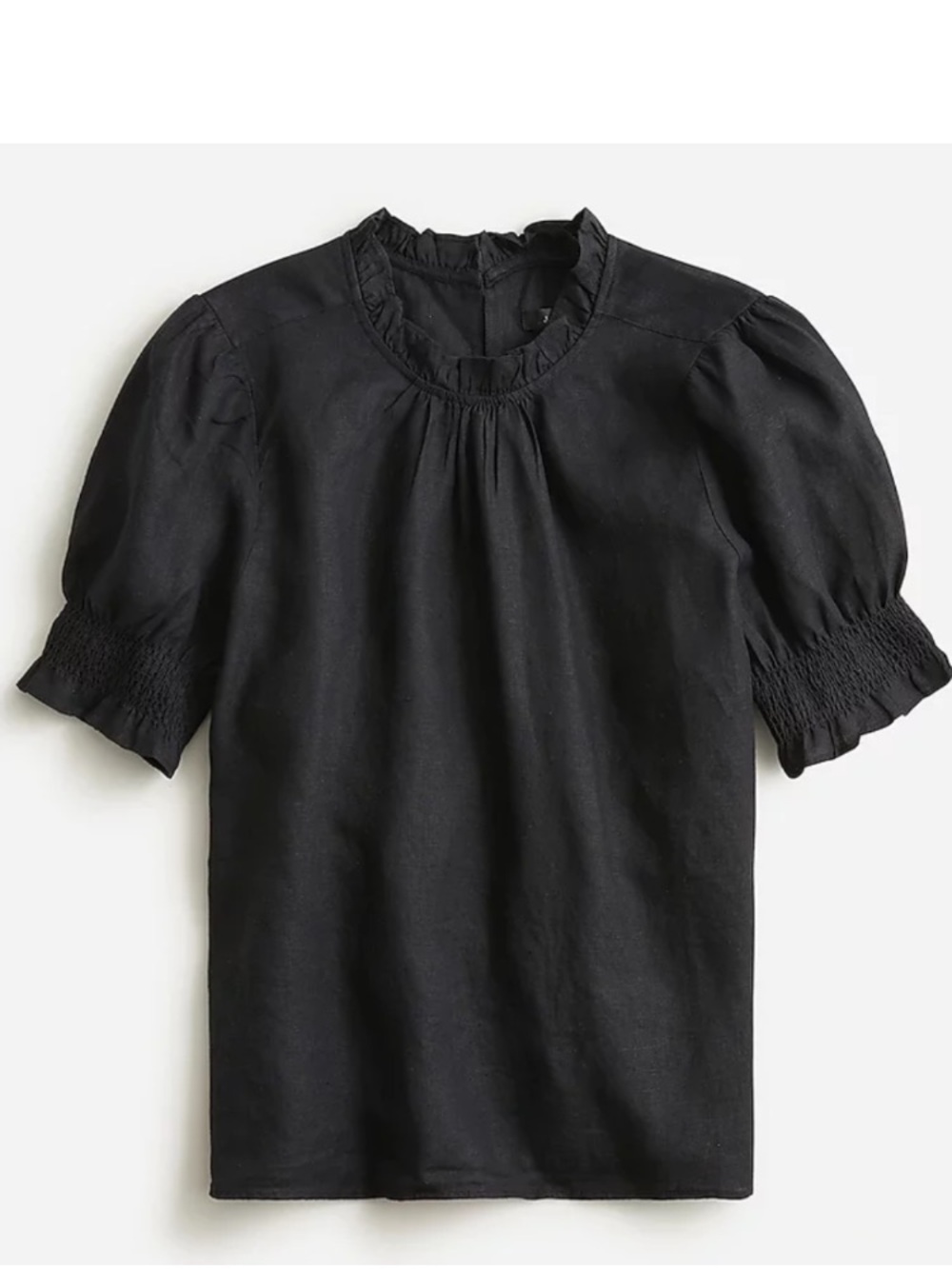 J. Crew Black Linen Ruffled Neck Puff Sleeve Blouse